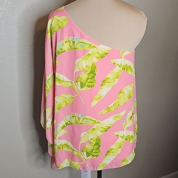 NWT Adrienne Medium Coral and Lime Palm Print Floral One Shoulder Sleeve Top - Picture 4 of 8